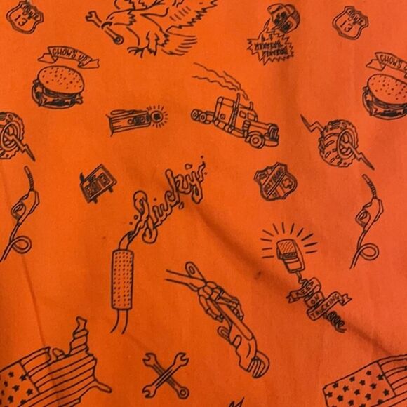 Lucky Brand Orange Novelty Print Button Up Mens Size Large Short Sleeve - Picture 9 of 12